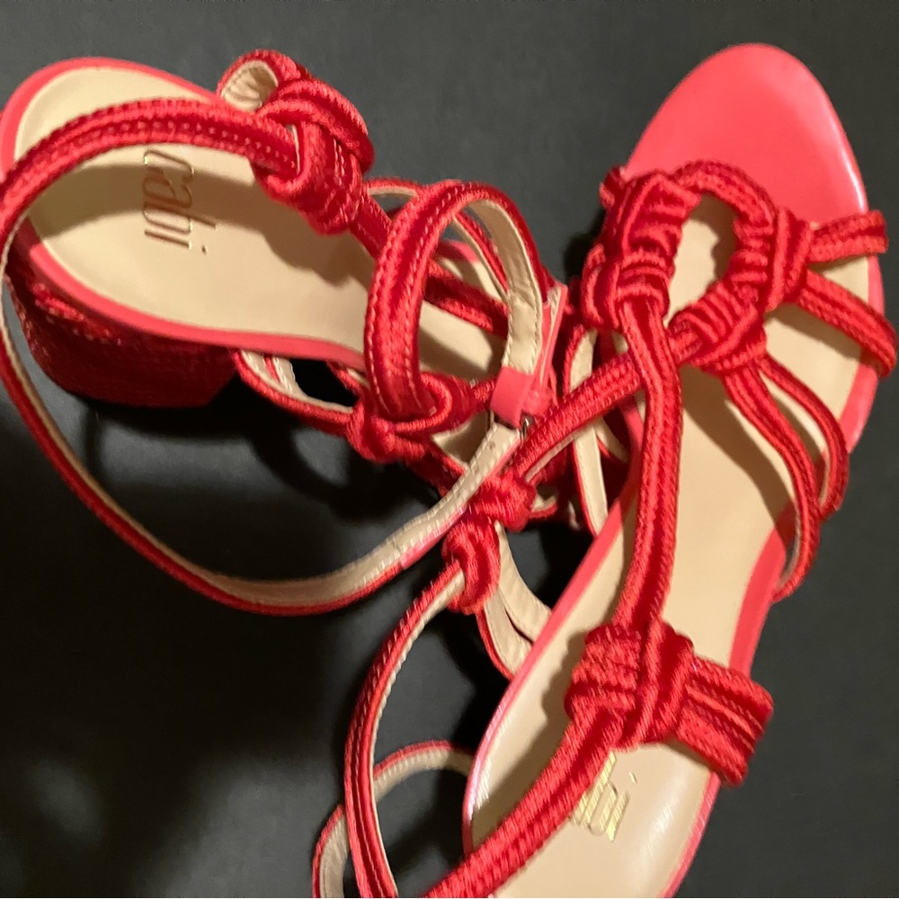 CAbi Tiptoe Sandals Poppy Red Nautical Rope Ankle Strap Block Heel Women's